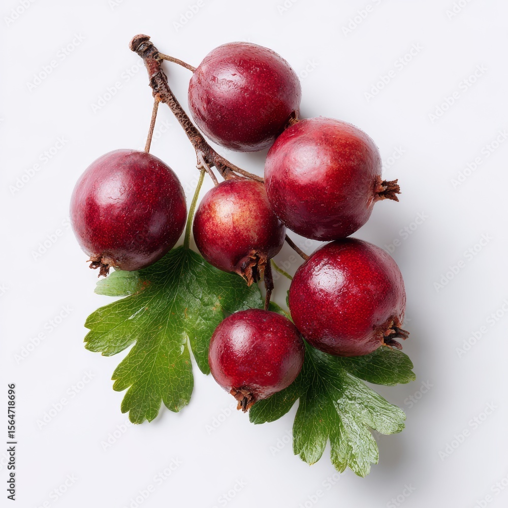 Poster a sprig of red berries and leaves displayed with berries glistening and leaves showing texture and c