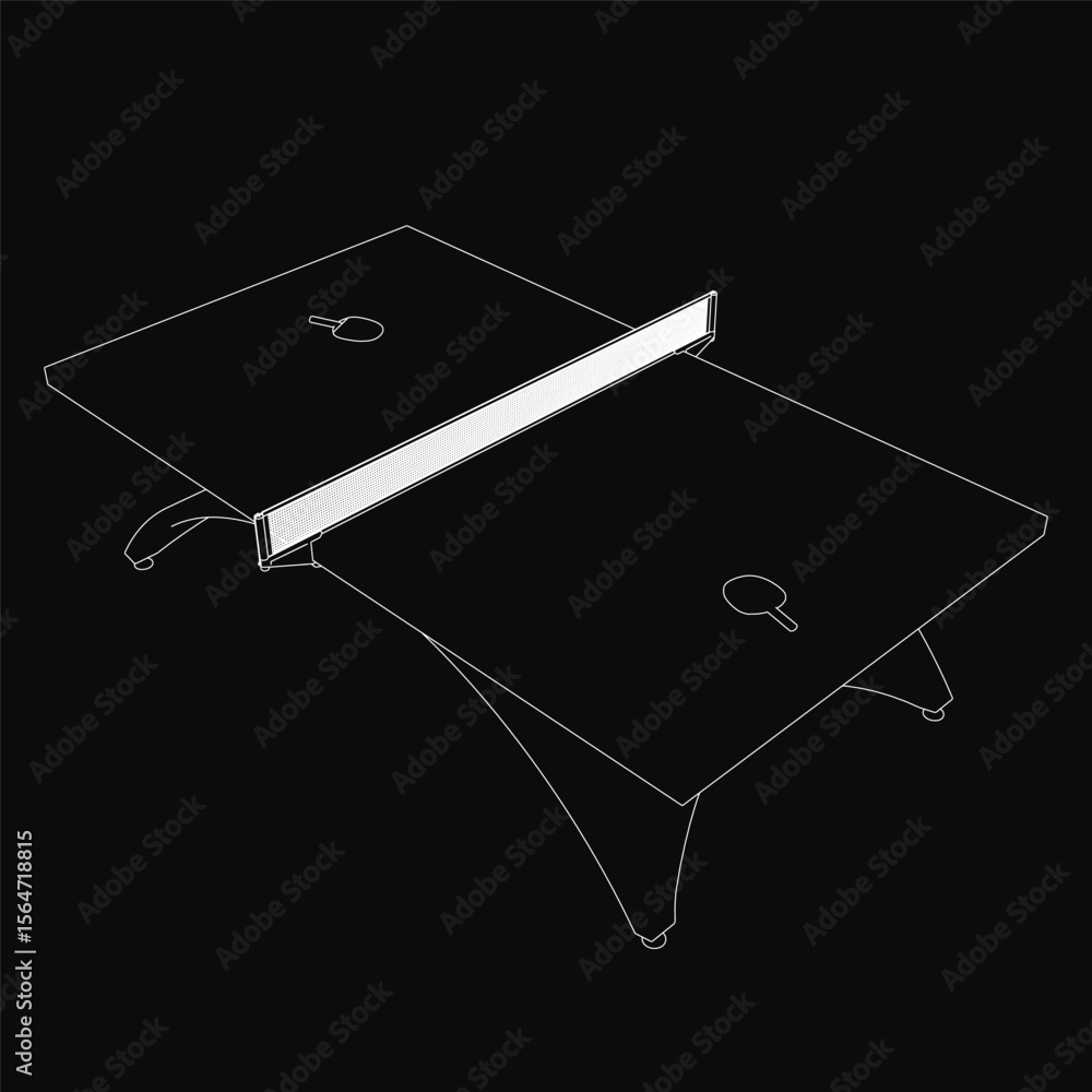 Poster a black and white line drawing of a ping pong table features a white top with a blue border and curv