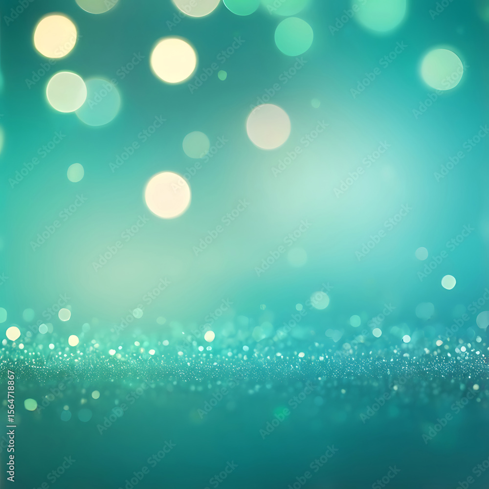 Poster abstract glowing blue green gradient bokeh background, sparkling light particles, smooth texture and