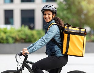 woman food delivery driver on a bike smiling 