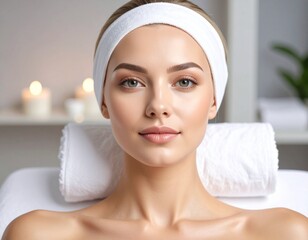 portrait of a young woman in a spa salon for cosmetic facial treatment 