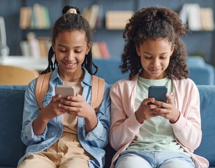 two teenagers friends girls sitting together playing scrolling on mobile phones 