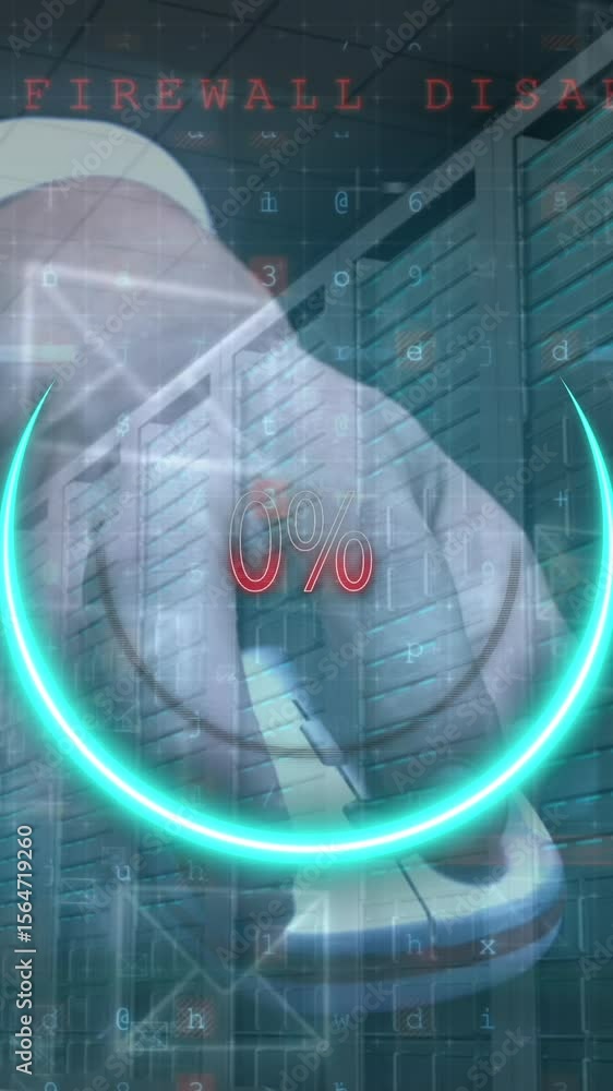 Poster animation of data processing over hand with mouse and server room