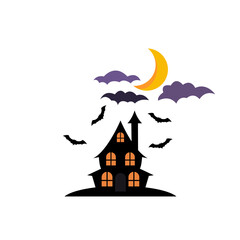 A spooky black house with glowing windows, bats, and a crescent moon.