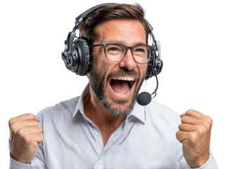 Triumphant Tech Support: A delighted call center agent, immersed in a headset, exclaims with elation, capturing the essence of a winning customer service experience.