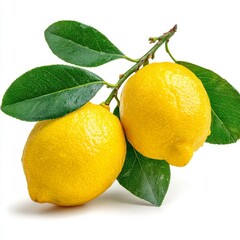 Two lemons with vibrant yellow skins are displayed on a green leafy branch