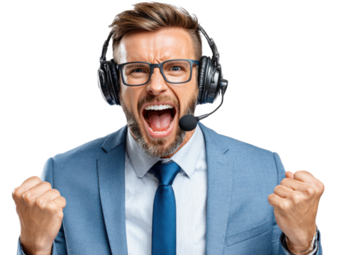 Excited Businessman with Headset: A jubilant businessman wearing a headset celebrates success, showcasing his passion and drive.