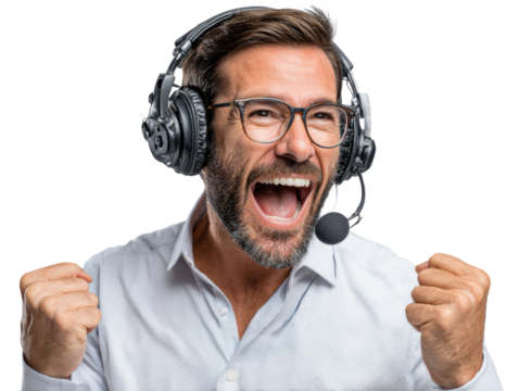 Triumphant Tech Support: A delighted call center agent, immersed in a headset, exclaims with elation, capturing the essence of a winning customer service experience.
