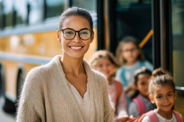 Smiling teacher and black students standing next to a yellow school bus