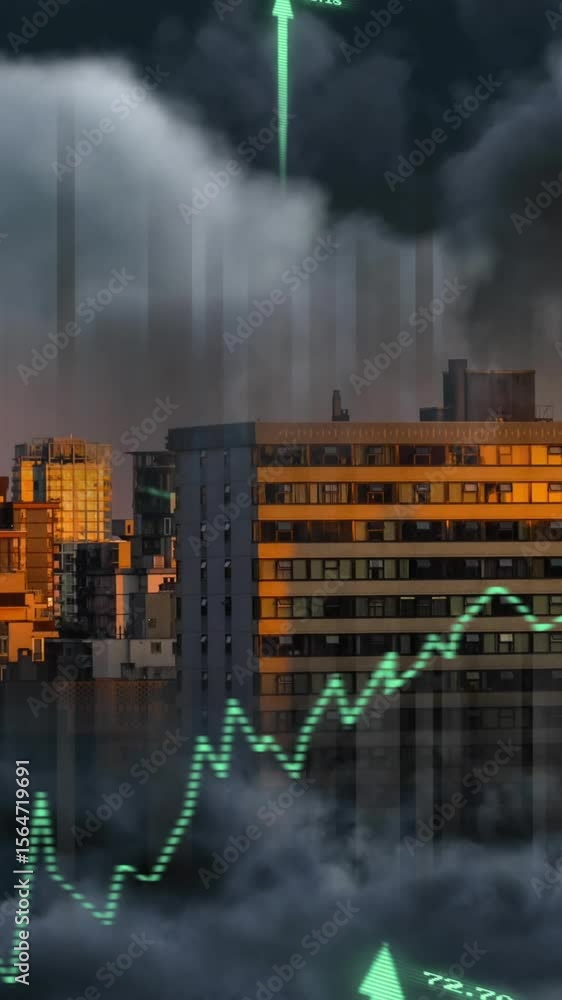 Poster animation of financial data processing with graph and arrows over cityscape