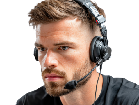 Man Wearing Headset: Close-up of a man with a beard wearing a professional headset, concentrating intensely. His serious expression suggests focus and dedication.