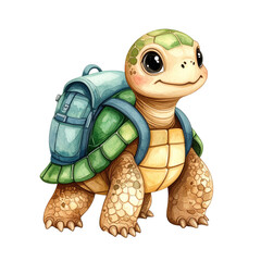 Fototapeta premium Adventurous Turtle with Backpack: A cute cartoon turtle, carrying a small backpack, sets off on an adventure. Its adorable expression and vibrant colors make it perfect for children's books, websites.