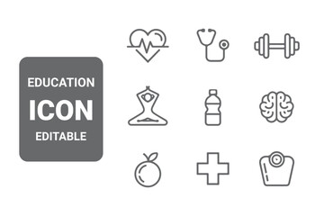 Minimal Health and Wellness Line-Art Icon Set with Heart, Dumbbell, Yoga, Brain, Stethoscope, Fruit, and Medical Outline Symbols