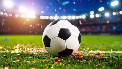 Fototapeta premium A classic black and white soccer ball sits on a grass field with colorful confetti scattered around, illuminated by bright stadium lights.