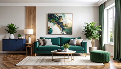 Modern living room with green sofa, abstract wall art, wooden flooring, large window, and various indoor plants creating a cozy, stylish atmosphere.