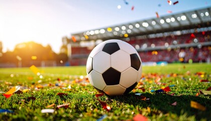A soccer ball rests on the grass of a vibrant stadium field with confetti scattered around, under the bright sunlight and a cheering crowd.