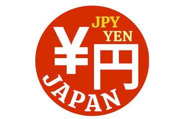 A bold, circular Japanese Yen emblem on a red background,a large white ¥, stacked yellow 