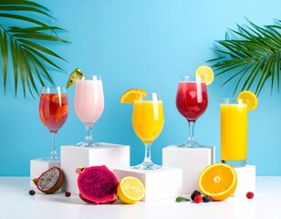 Vibrant cocktail set with citrus yellow, berry red, pastel pink, and dragon fruit drinks on white podiums with fruit and herbs against bold blue backdrop.