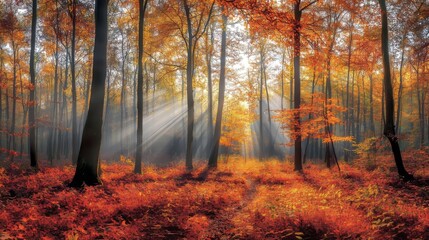 Obraz premium Beautiful morning in the forest with sunbeams shining through the trees