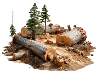 Felled Trees and Ecological Damage: An environmental image showcasing a group of recently felled trees and highlighting the destruction caused by deforestation, deforestation damages the environment.