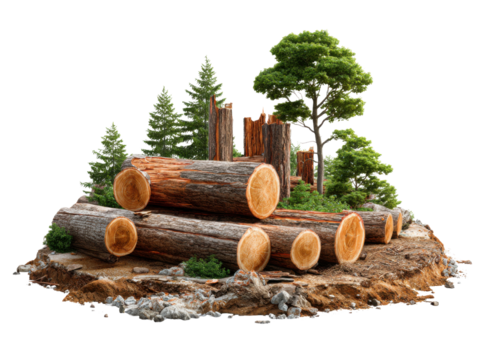 Harvested Timber: A collection of freshly cut logs, resting on a patch of earth, presents a symbolic look at the timber industry and sustainable practices.