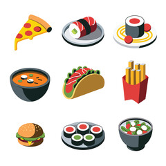 vector icons cooking food chef hat include a pizza slice, a sushi roll, spaghetti and meatballs, a curry bowl burger , fish 
