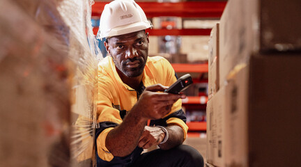 Warehouse manager, store inspector checking stock on storage shelf from inventory checklist. Two...