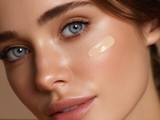 Radiant complexion on a fair-skinned woman with foundation applied for beauty enhancement.