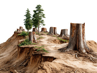 Obraz premium Deforestation Scene: An eye-level perspective unveils a stark landscape marked by the aftermath of tree removal, with weathered tree stumps dominating the terrain.