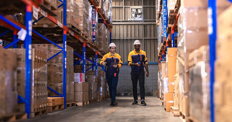 Warehouse manager, store inspector checking stock on storage shelf from inventory checklist. Two diverse ethnic people wear safety hard hat working together examining merchandise at distribution store
