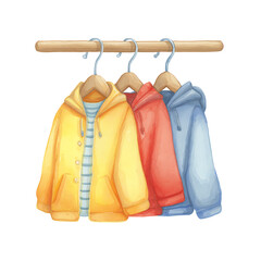 Three Hooded Jackets Hang on Wooden Rack, Watercolor Style