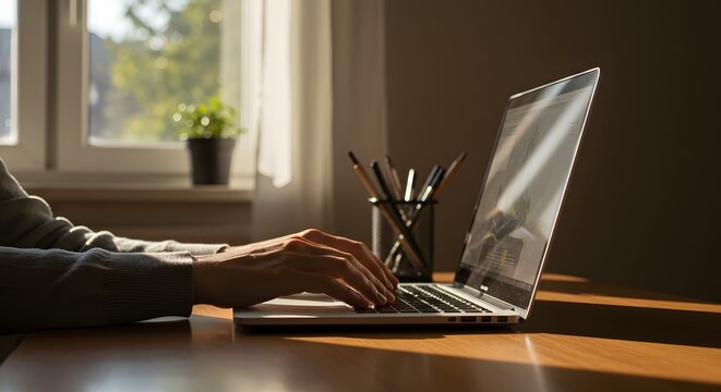 Typing on laptop closeup, chatting in Facebook, meeting website. Blogger, journalist writing new article.