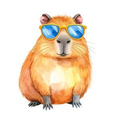 Fototapeta premium Capybara in Sunglasses: A charming watercolor painting of a capybara wearing stylish yellow-framed sunglasses, radiating a cheerful and summery vibe.
