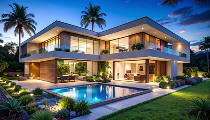 Fototapeta premium Modern luxury two-story house with large glass windows, surrounded by palm trees and a well-lit swimming pool during twilight.