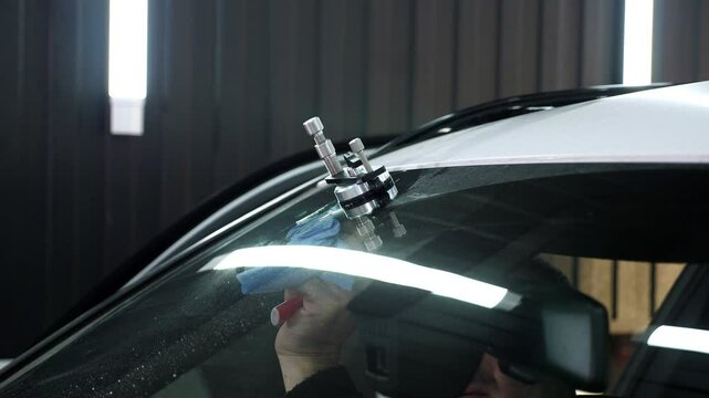Specialist repairs dangerous crack in windshield on location without replacement glass for free. Mechanic using repairing equipment to fix damaged windshield.