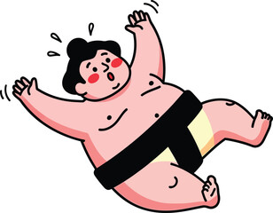 Cute Sumo Wrestler Falling Down - Funny Cartoon Chibi Vector