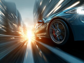 high-speed car driving towards bright future goal