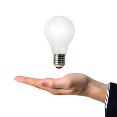 A light bulb above a hand, symbolizing a bright idea, isolated on transparent background