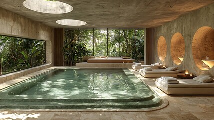 Tranquil indoor pool house with jungle view