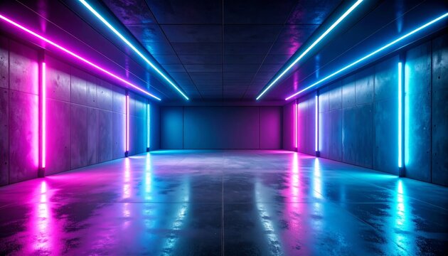 A futuristic empty room illuminated by vibrant neon blue and pink lights reflecting off the shiny floor and concrete walls.