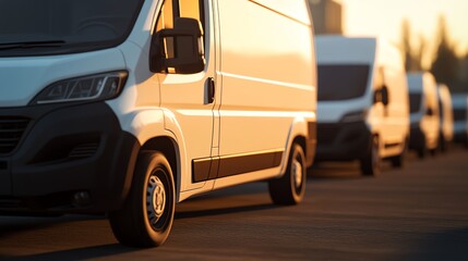 Modern delivery vans parked at sunset.