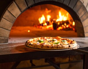 A freshly baked pizza with basil leaves is pulled out of a traditional wood-fired brick oven with a blazing fire inside.