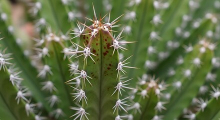 Obraz premium Close-up of a Green Cactus with Sharp White Spines Growing Outdoors