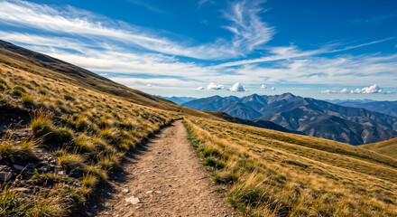 Fototapeta premium Winding mountain trail under vivid sky — hiking path across golden ridges.