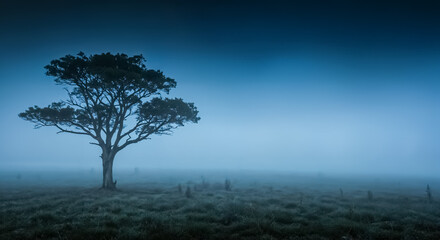 Obraz premium Lonely tree shrouded in morning fog — minimal blue-toned solitude.