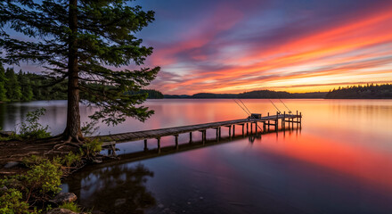 Fototapeta premium Vibrant lake sunrise with long dock and glowing clouds — peaceful start of day. At the end of the pier some fishing rods are placed waiting for a fish to bite. magnificent yellow-purple gradiented sky