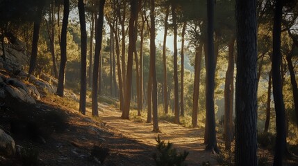 Obraz premium Beautiful pine forest in a national park with sunlight filtering through trees