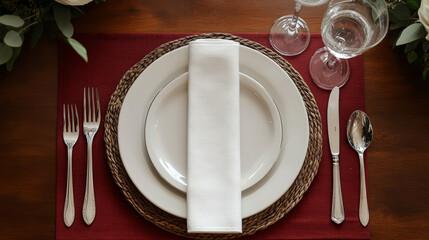 Plate in the center Fork on the left Knife and spoon on the right (knife closest to the plate) Glass above the knife Napkin on the left or on the plate