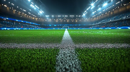 Illuminated stadiums field with goal in distance