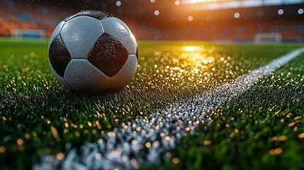 Soccer ball glistening on the turf